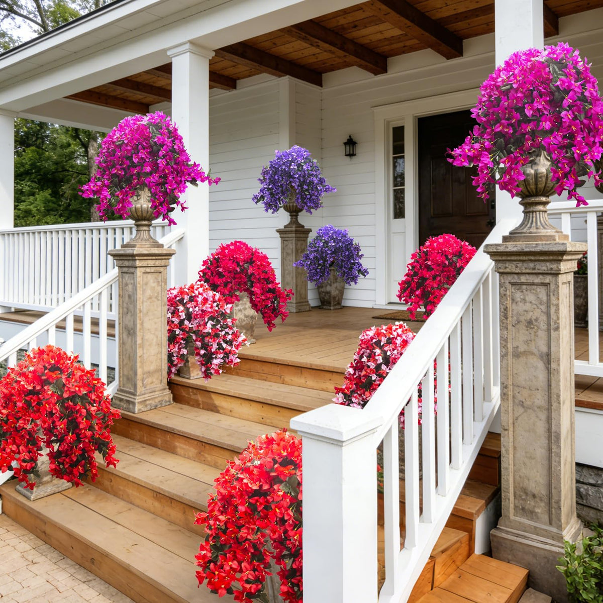 Artificial Bougainvillea Flowers Outdoor UV Resistant, 4 Pcs Fake Silk Trailing Vines Realistic Faux Hanging Plants for Porch Patio Garden (Fuchsia)