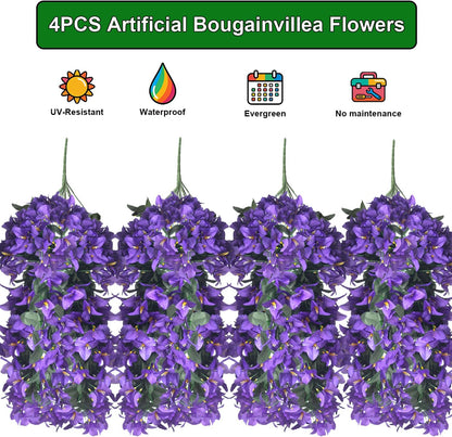 Artificial Bougainvillea Flowers Outdoor UV Resistant, 4 Pcs Fake Silk Trailing Vines Realistic Faux Hanging Plants for Porch Patio Garden (Fuchsia)
