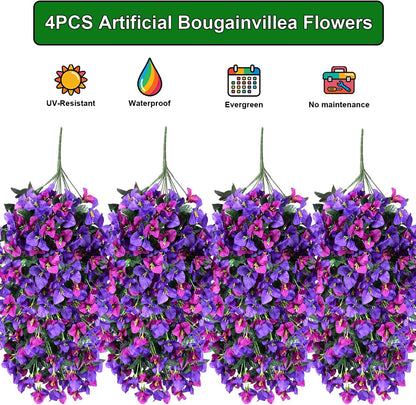 Artificial Bougainvillea Flowers Outdoor UV Resistant, 4 Pcs Fake Silk Trailing Vines Realistic Faux Hanging Plants for Porch Patio Garden (Fuchsia)