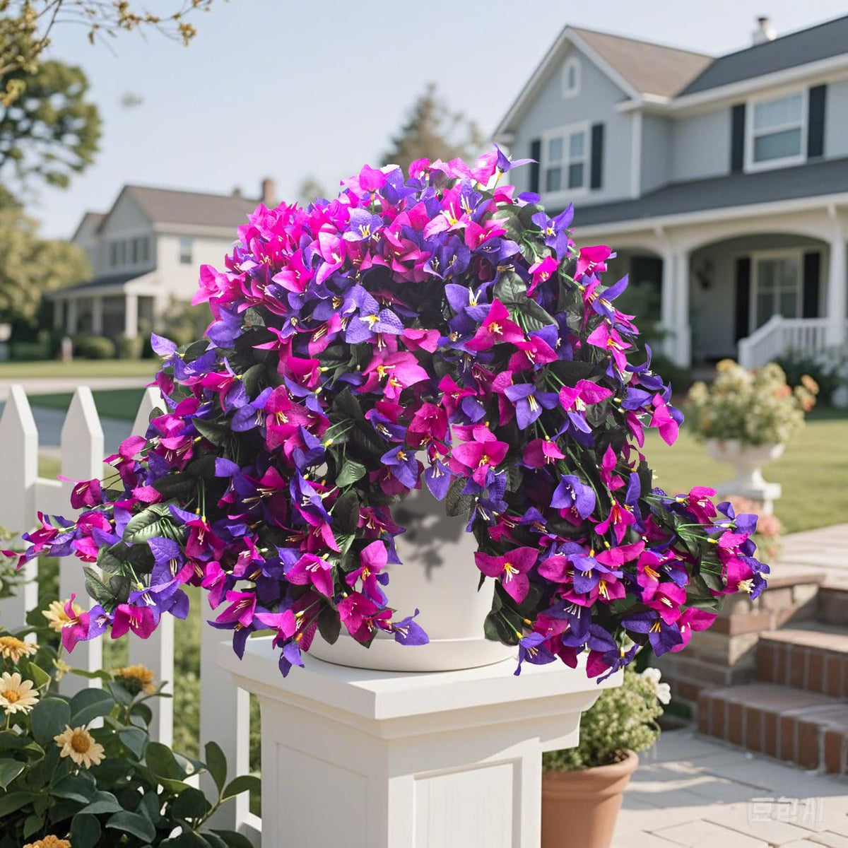 Artificial Bougainvillea Flowers Outdoor UV Resistant, 4 Pcs Fake Silk Trailing Vines Realistic Faux Hanging Plants for Porch Patio Garden (Fuchsia)