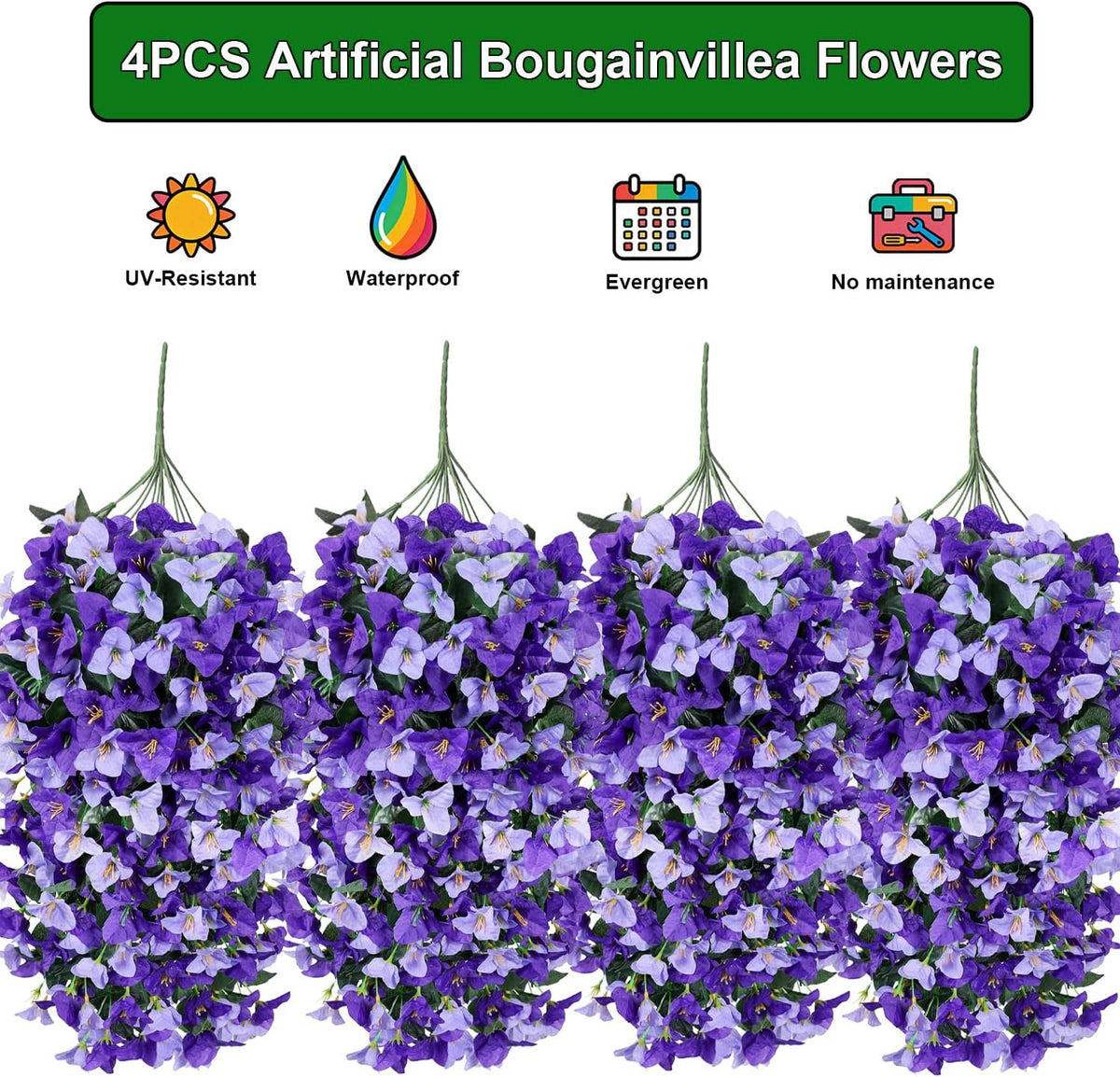 Artificial Bougainvillea Flowers Outdoor UV Resistant, 4 Pcs Fake Silk Trailing Vines Realistic Faux Hanging Plants for Porch Patio Garden (Fuchsia)