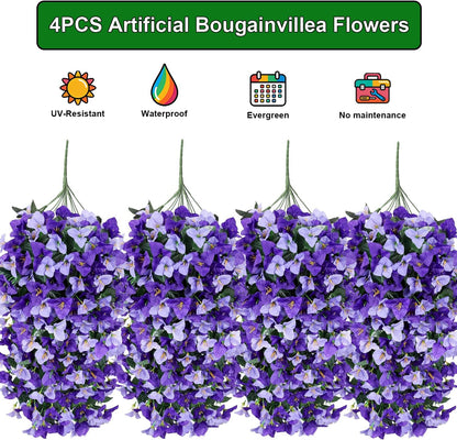 Artificial Bougainvillea Flowers Outdoor UV Resistant, 4 Pcs Fake Silk Trailing Vines Realistic Faux Hanging Plants for Porch Patio Garden (Fuchsia)