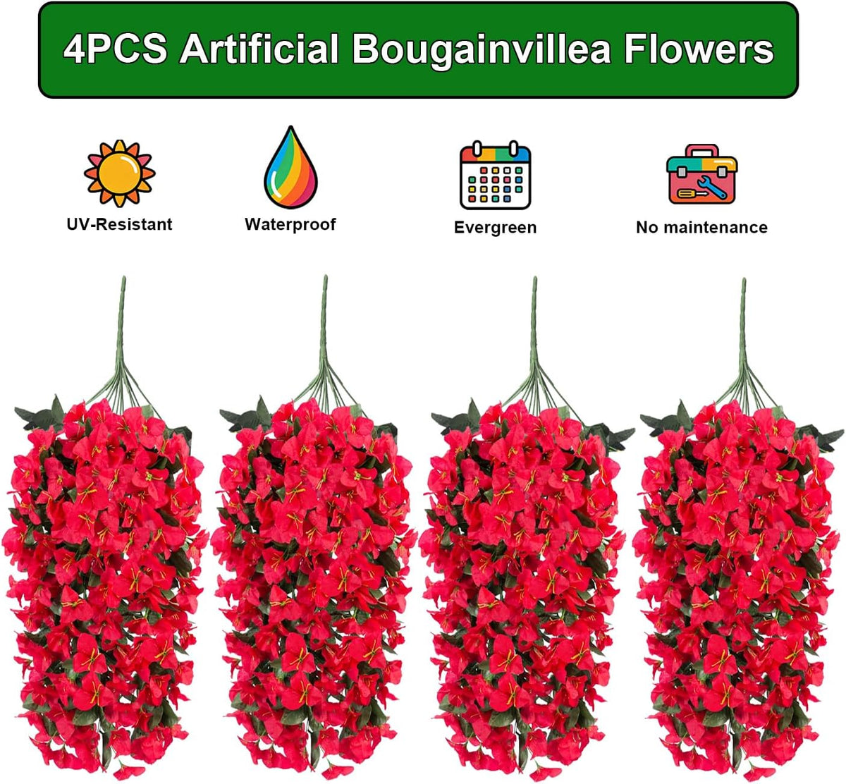 Artificial Bougainvillea Flowers Outdoor UV Resistant, 4 Pcs Fake Silk Trailing Vines Realistic Faux Hanging Plants for Porch Patio Garden (Fuchsia)
