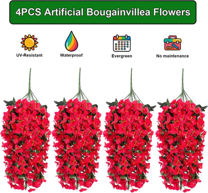 Artificial Bougainvillea Flowers Outdoor UV Resistant, 4 Pcs Fake Silk Trailing Vines Realistic Faux Hanging Plants for Porch Patio Garden (Fuchsia)