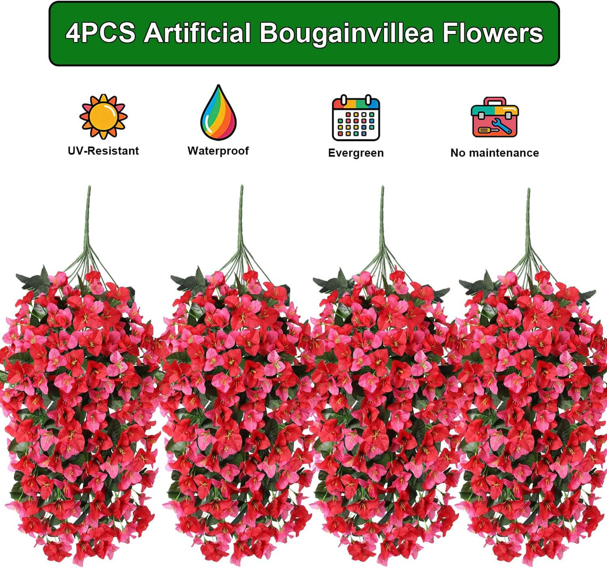 Artificial Bougainvillea Flowers Outdoor UV Resistant, 4 Pcs Fake Silk Trailing Vines Realistic Faux Hanging Plants for Porch Patio Garden (Fuchsia)