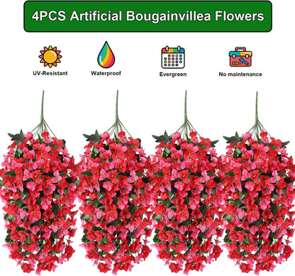 Artificial Bougainvillea Flowers Outdoor UV Resistant, 4 Pcs Fake Silk Trailing Vines Realistic Faux Hanging Plants for Porch Patio Garden (Fuchsia)