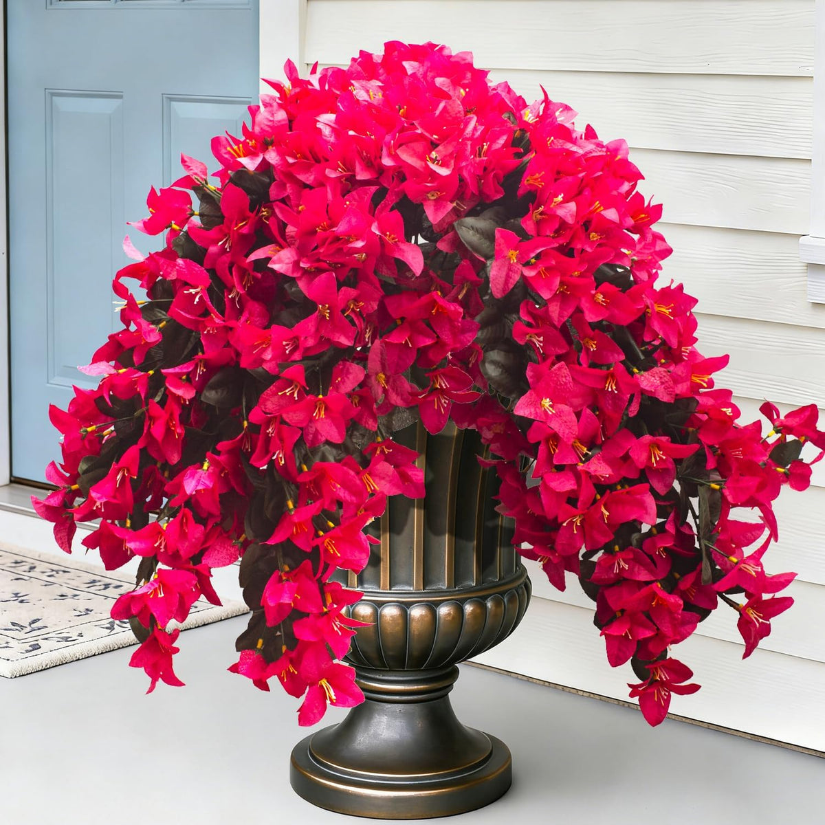 Artificial Bougainvillea Flowers Outdoor UV Resistant, 4 Pcs Fake Silk Trailing Vines Realistic Faux Hanging Plants for Porch Patio Garden (Fuchsia)