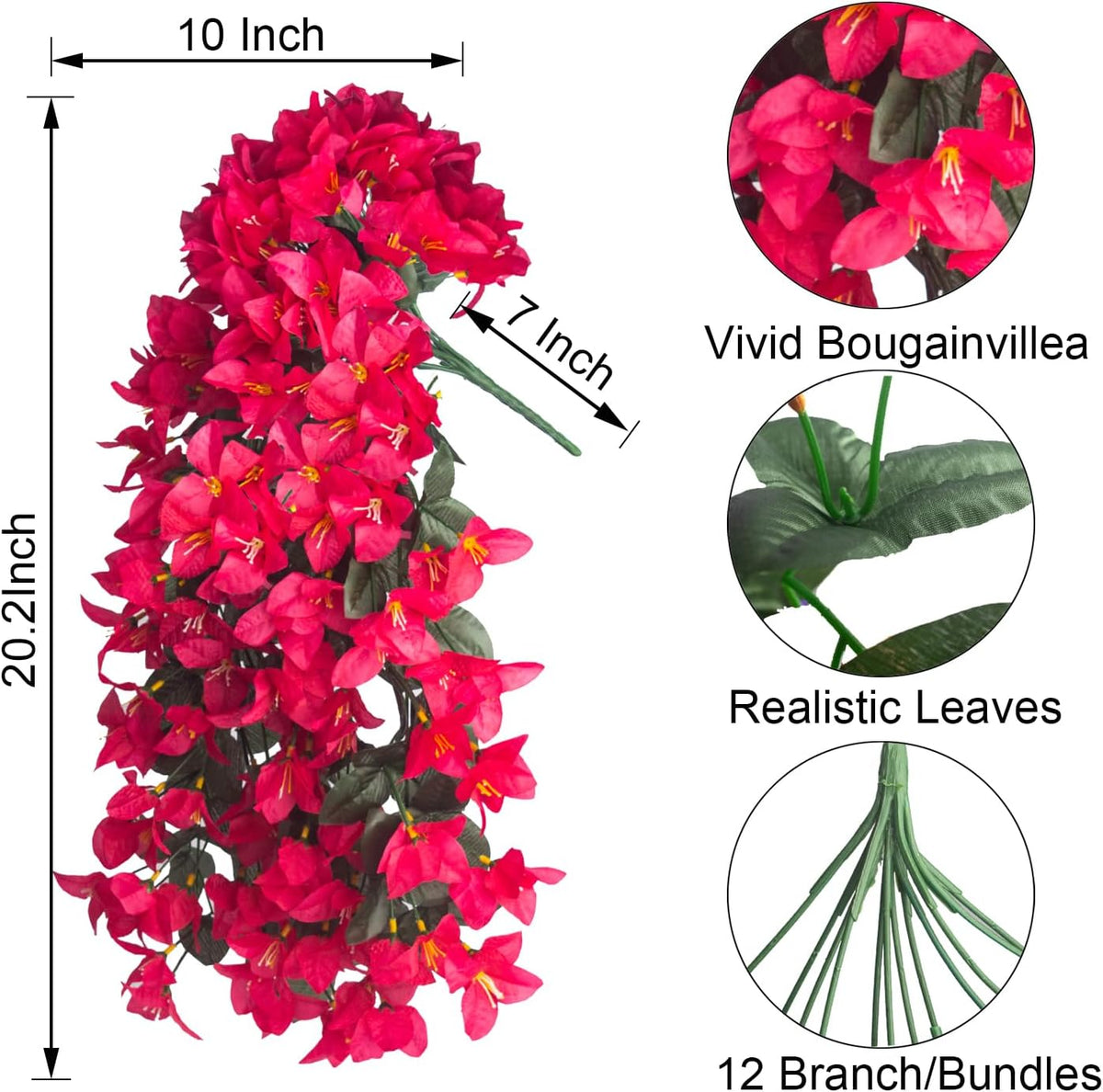 Artificial Bougainvillea Flowers Outdoor UV Resistant, 4 Pcs Fake Silk Trailing Vines Realistic Faux Hanging Plants for Porch Patio Garden (Fuchsia)