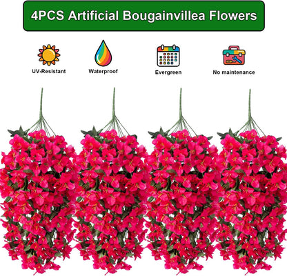 Artificial Bougainvillea Flowers Outdoor UV Resistant, 4 Pcs Fake Silk Trailing Vines Realistic Faux Hanging Plants for Porch Patio Garden (Fuchsia)