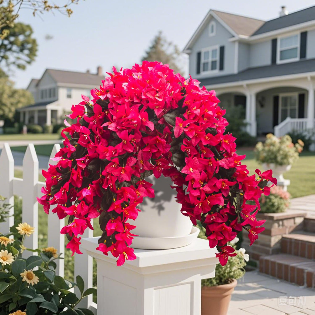 Artificial Bougainvillea Flowers Outdoor UV Resistant, 4 Pcs Fake Silk Trailing Vines Realistic Faux Hanging Plants for Porch Patio Garden (Fuchsia)