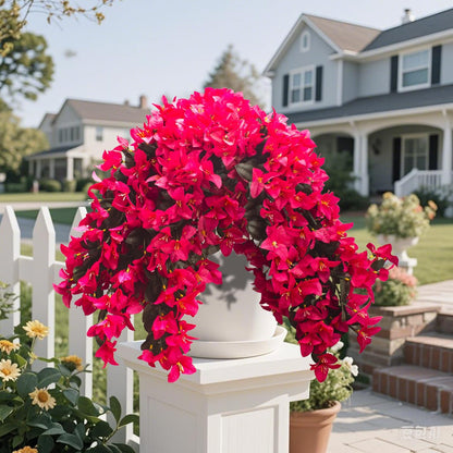 Artificial Bougainvillea Flowers Outdoor UV Resistant, 4 Pcs Fake Silk Trailing Vines Realistic Faux Hanging Plants for Porch Patio Garden (Fuchsia)