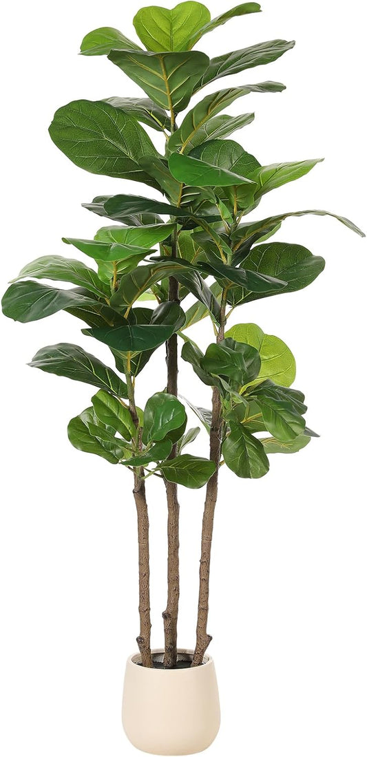 5ft Artificial Fiddle Leaf Fig Tree with White Planter | Faux Fiddle Leaf Fig Tree, Natural Trunk, Lifelike Leaves, Fake Fig Tree For Home Living Room Bedroom Offices Indoor Decor