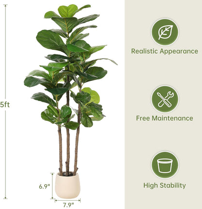 5ft Artificial Fiddle Leaf Fig Tree with White Planter | Faux Fiddle Leaf Fig Tree, Natural Trunk, Lifelike Leaves, Fake Fig Tree For Home Living Room Bedroom Offices Indoor Decor