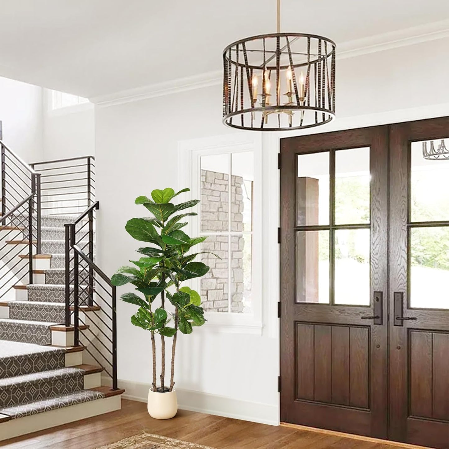 5ft Artificial Fiddle Leaf Fig Tree with White Planter | Faux Fiddle Leaf Fig Tree, Natural Trunk, Lifelike Leaves, Fake Fig Tree For Home Living Room Bedroom Offices Indoor Decor