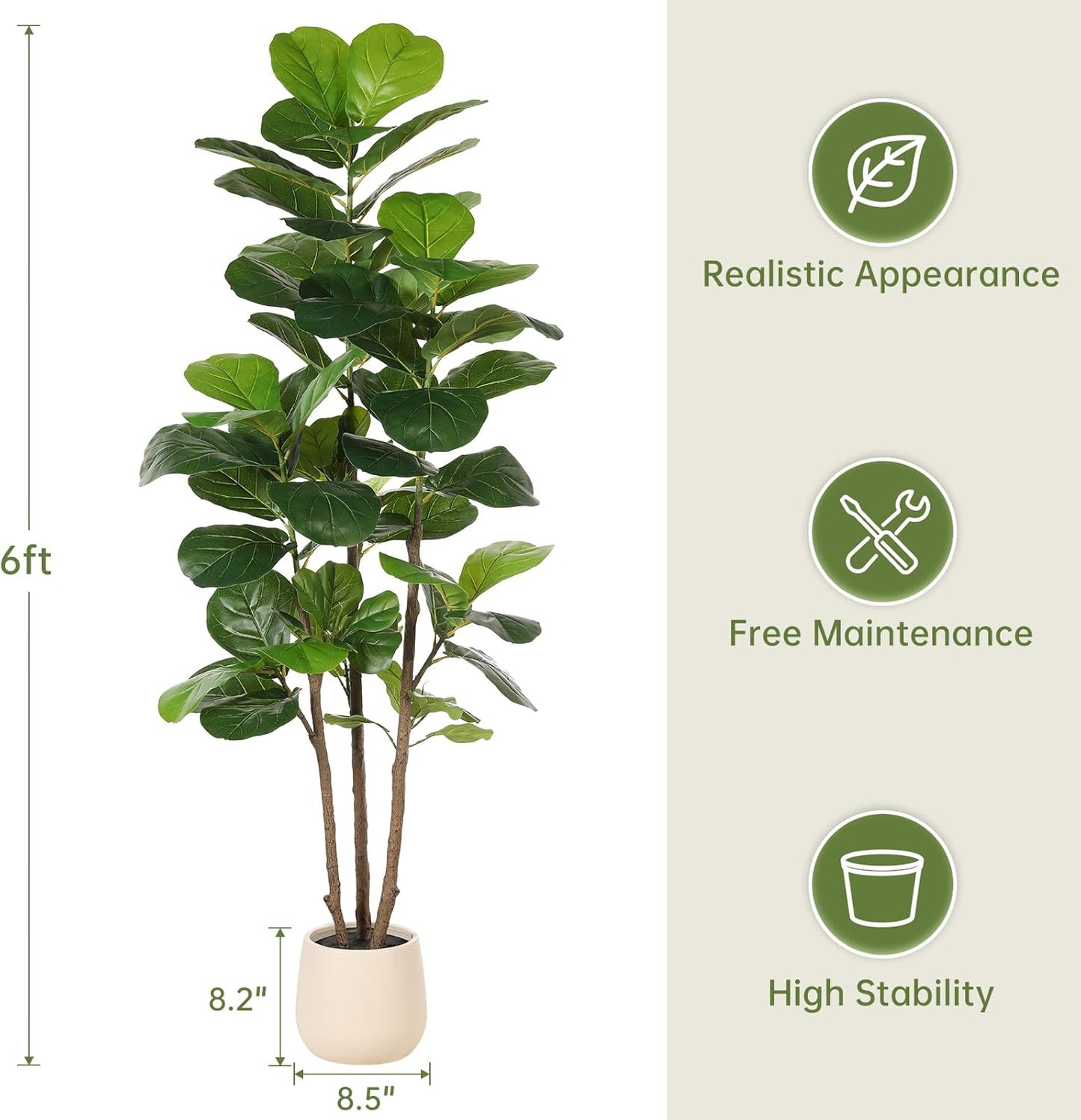 5ft Artificial Fiddle Leaf Fig Tree with White Planter | Faux Fiddle Leaf Fig Tree, Natural Trunk, Lifelike Leaves, Fake Fig Tree For Home Living Room Bedroom Offices Indoor Decor