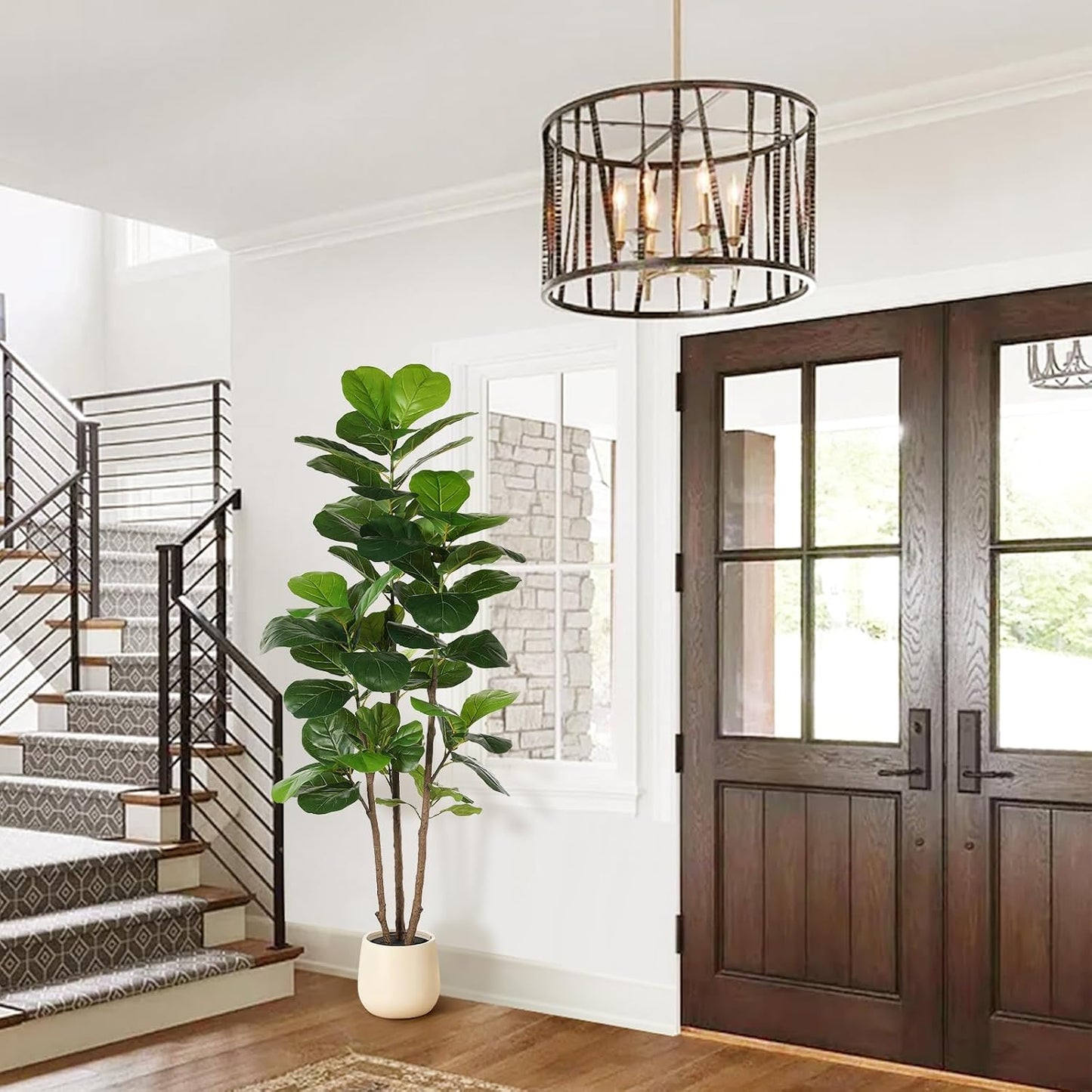 5ft Artificial Fiddle Leaf Fig Tree with White Planter | Faux Fiddle Leaf Fig Tree, Natural Trunk, Lifelike Leaves, Fake Fig Tree For Home Living Room Bedroom Offices Indoor Decor