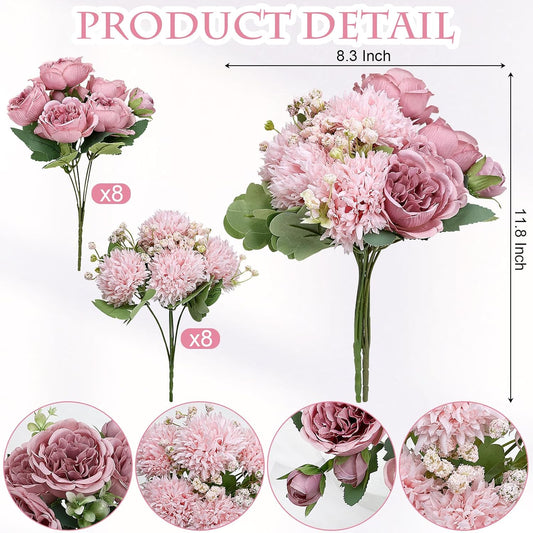 16 Bundles Peonies Artificial Flowers Bulk - Blush Pink | Silk Fake Flower for DIY Bouquet, Faux Peony Floral Arrangements for Vase Centerpiece Home Wedding Party Centerpiece