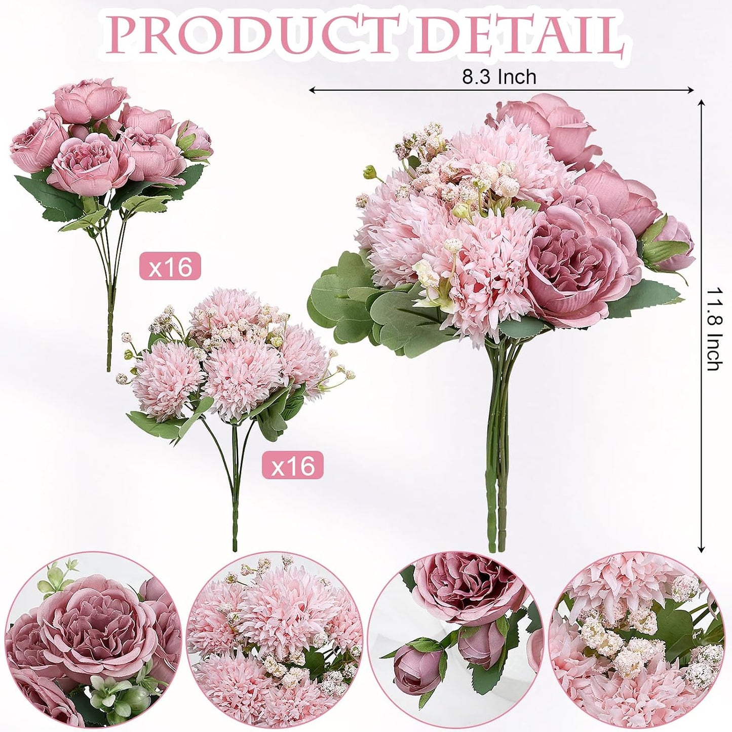 16 Bundles Peonies Artificial Flowers Bulk - Blush Pink | Silk Fake Flower for DIY Bouquet, Faux Peony Floral Arrangements for Vase Centerpiece Home Wedding Party Centerpiece