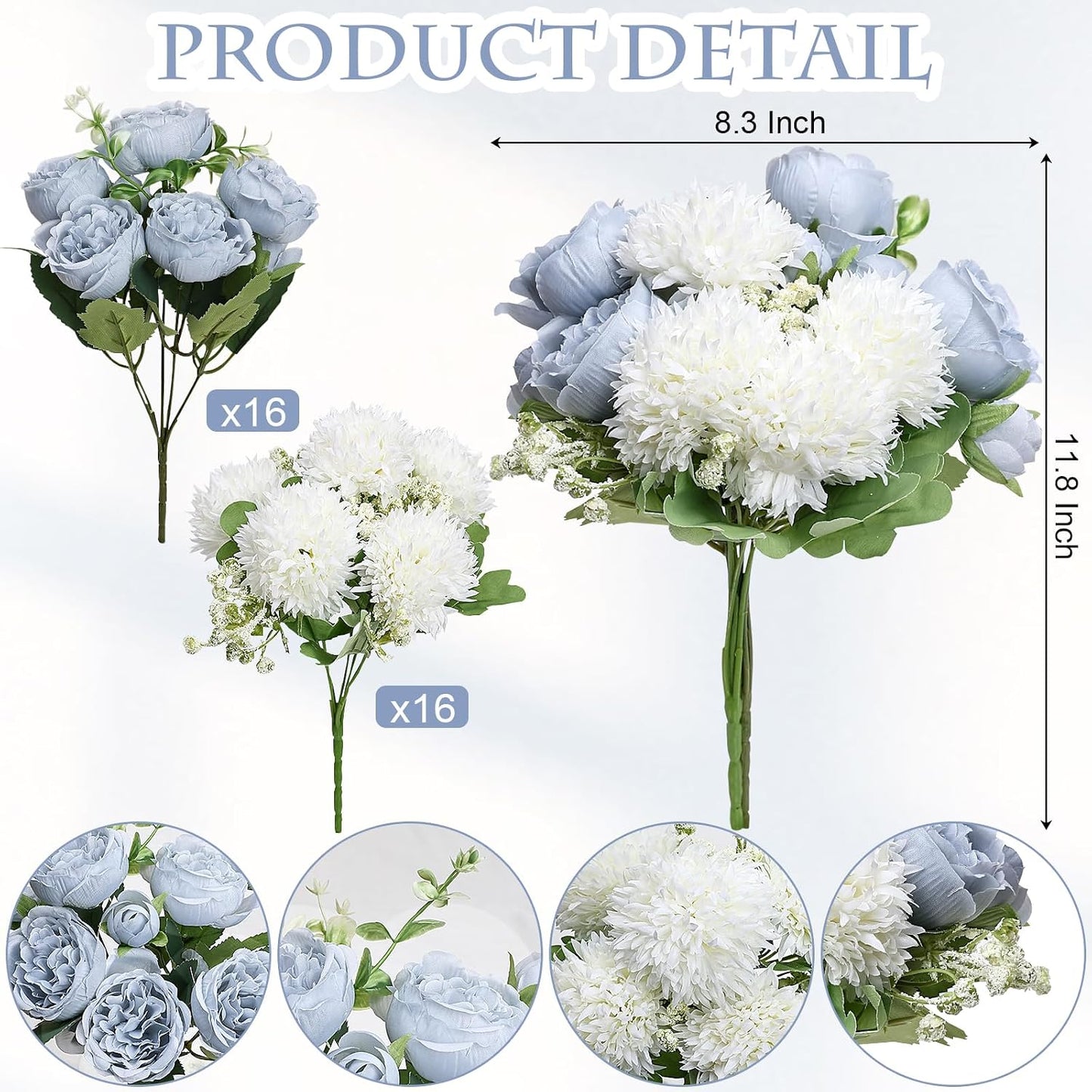 16 Bundles Peonies Artificial Flowers Bulk - Blush Pink | Silk Fake Flower for DIY Bouquet, Faux Peony Floral Arrangements for Vase Centerpiece Home Wedding Party Centerpiece