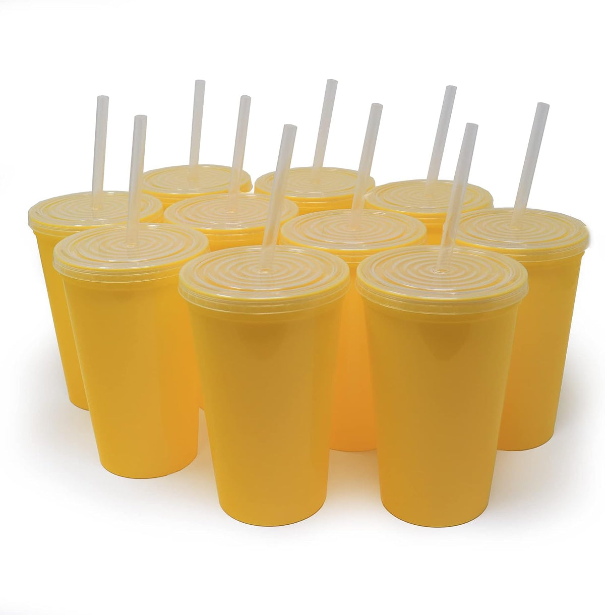 22 oz Reusable Plastic Cups with Lids, 10 Pack, USA Made Yellow Tumblers; Includes 10 Reusable Straws; Dishwasher Safe