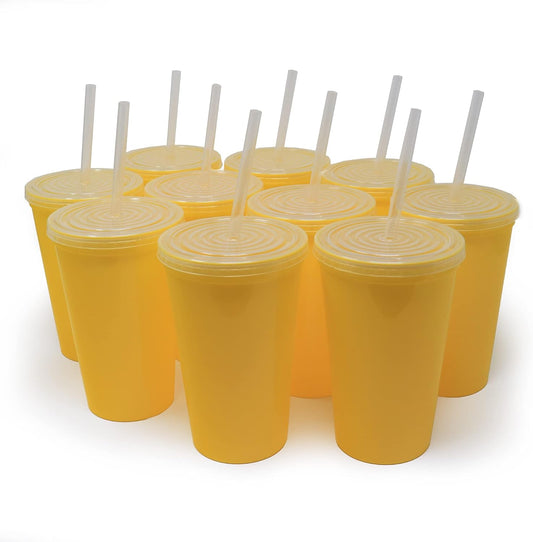22 oz Reusable Plastic Cups with Lids, 10 Pack, USA Made Yellow Tumblers; Includes 10 Reusable Straws; Dishwasher Safe