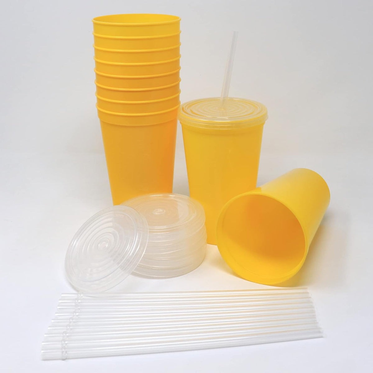 22 oz Reusable Plastic Cups with Lids, 10 Pack, USA Made Yellow Tumblers; Includes 10 Reusable Straws; Dishwasher Safe