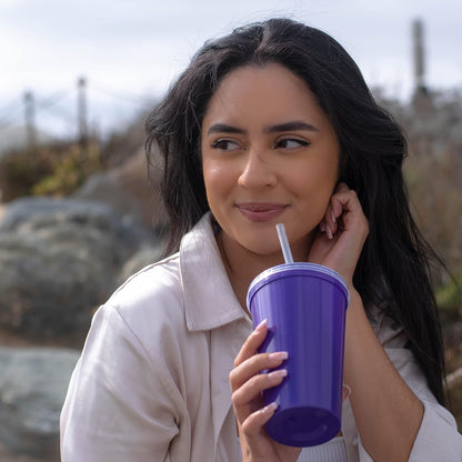 22 oz Reusable Plastic Cups with Lids, 10 Pack, USA Made Yellow Tumblers; Includes 10 Reusable Straws; Dishwasher Safe