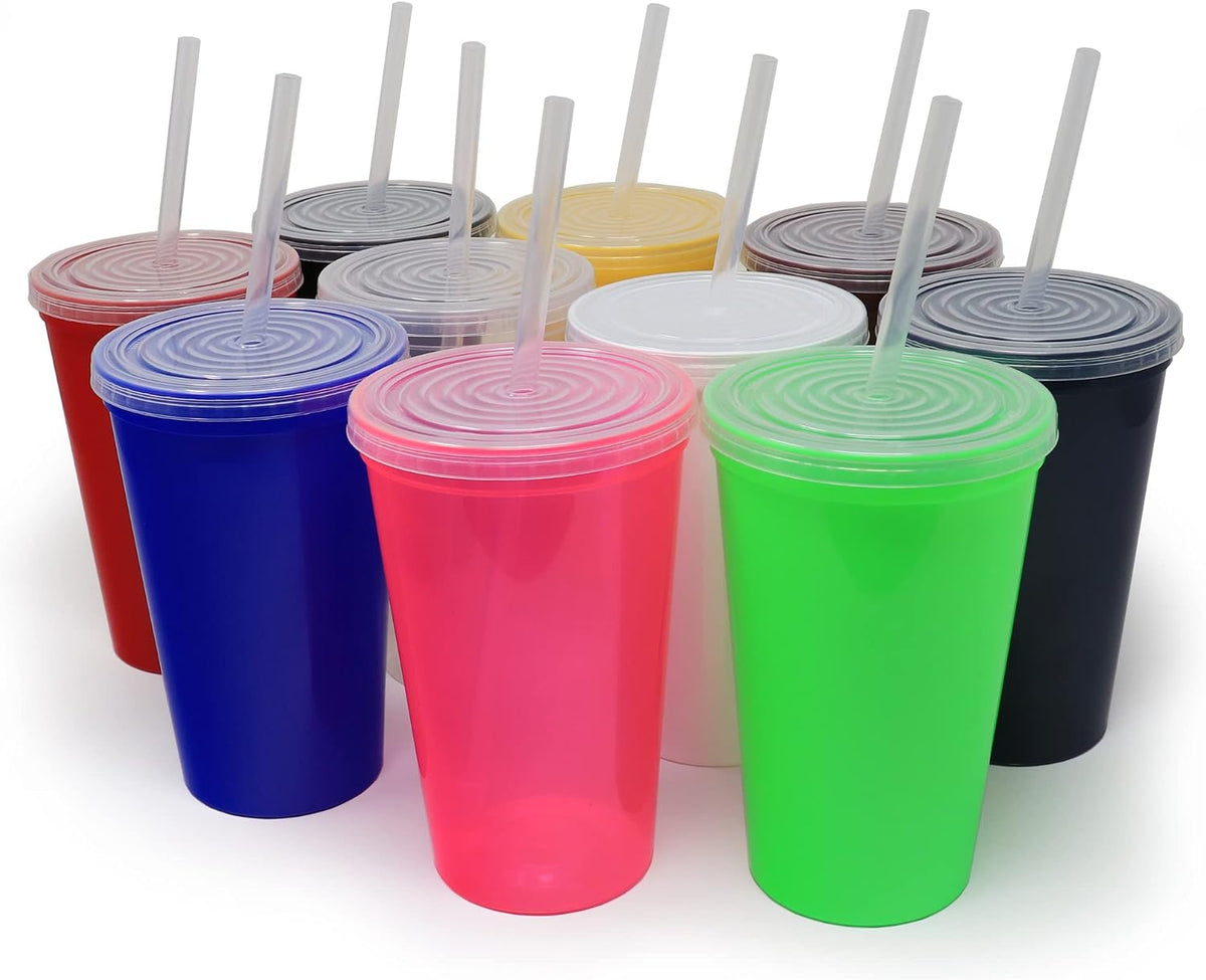 22 oz Reusable Plastic Cups with Lids, 10 Pack, USA Made Yellow Tumblers; Includes 10 Reusable Straws; Dishwasher Safe