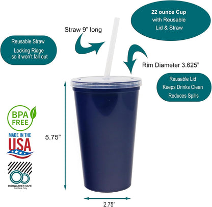 22 oz Reusable Plastic Cups with Lids, 10 Pack, USA Made Yellow Tumblers; Includes 10 Reusable Straws; Dishwasher Safe