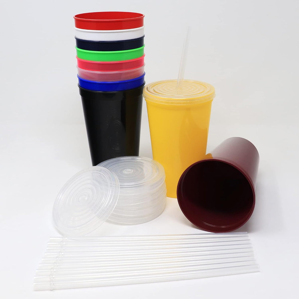 22 oz Reusable Plastic Cups with Lids, 10 Pack, USA Made Yellow Tumblers; Includes 10 Reusable Straws; Dishwasher Safe