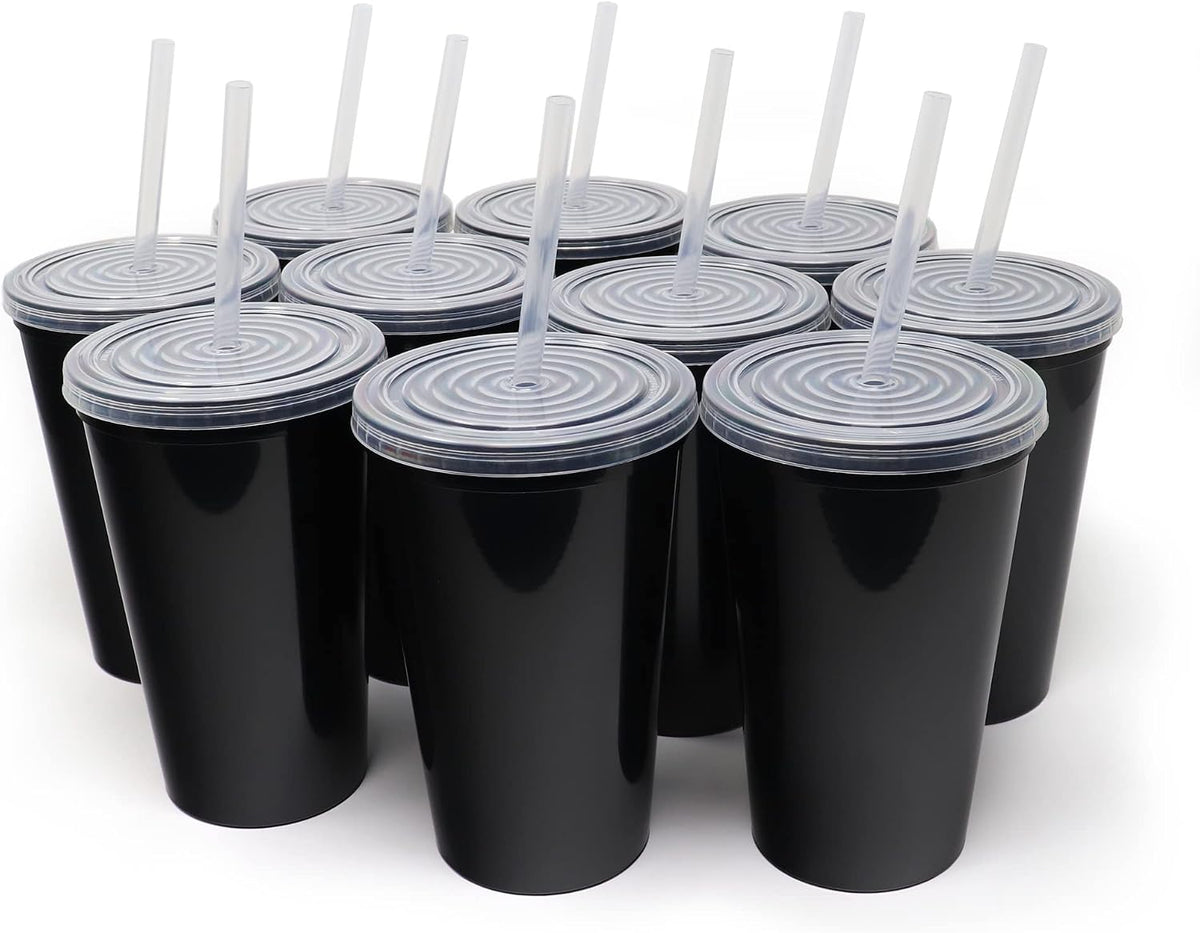 22 oz Reusable Plastic Cups with Lids, 10 Pack, USA Made Yellow Tumblers; Includes 10 Reusable Straws; Dishwasher Safe