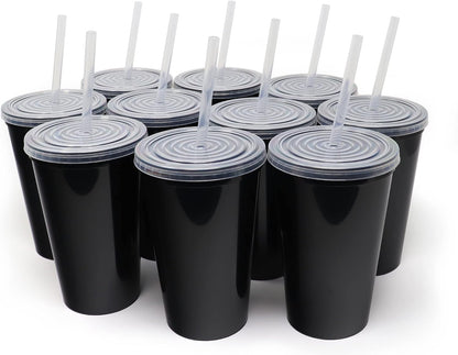 22 oz Reusable Plastic Cups with Lids, 10 Pack, USA Made Yellow Tumblers; Includes 10 Reusable Straws; Dishwasher Safe