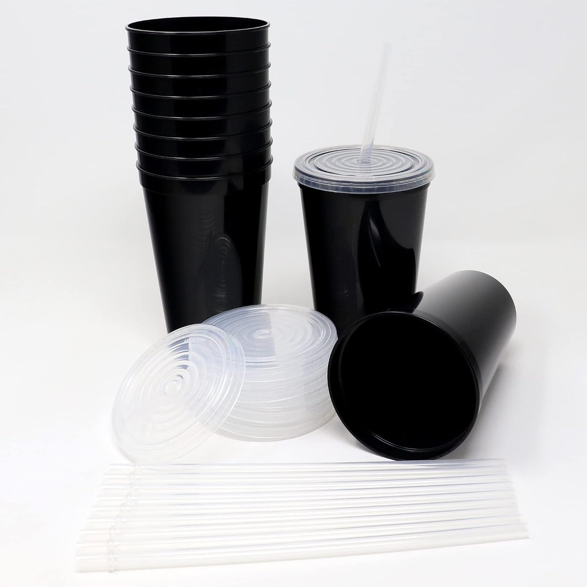 22 oz Reusable Plastic Cups with Lids, 10 Pack, USA Made Yellow Tumblers; Includes 10 Reusable Straws; Dishwasher Safe
