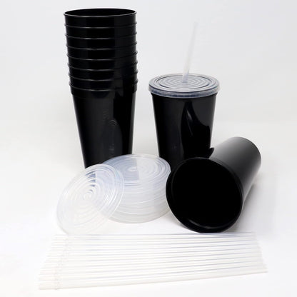 22 oz Reusable Plastic Cups with Lids, 10 Pack, USA Made Yellow Tumblers; Includes 10 Reusable Straws; Dishwasher Safe