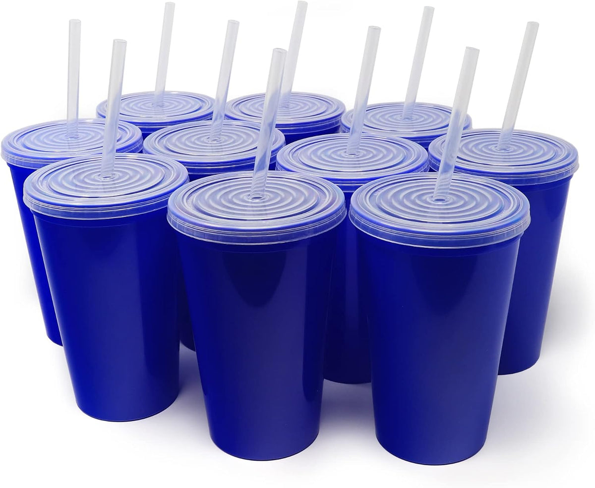 22 oz Reusable Plastic Cups with Lids, 10 Pack, USA Made Yellow Tumblers; Includes 10 Reusable Straws; Dishwasher Safe