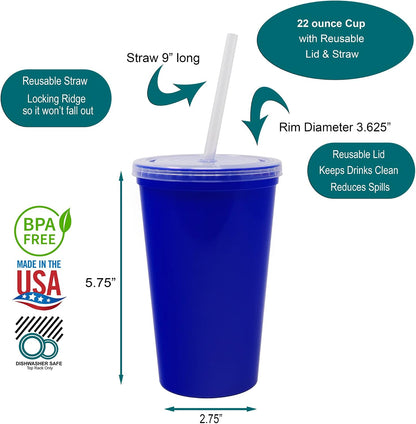 22 oz Reusable Plastic Cups with Lids, 10 Pack, USA Made Yellow Tumblers; Includes 10 Reusable Straws; Dishwasher Safe