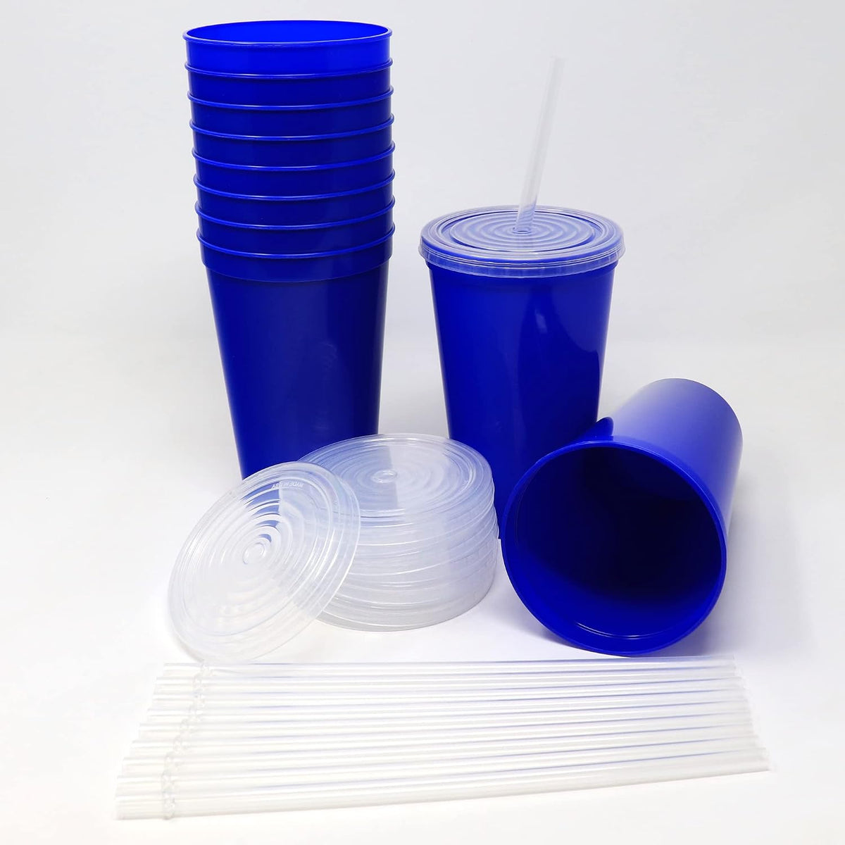 22 oz Reusable Plastic Cups with Lids, 10 Pack, USA Made Yellow Tumblers; Includes 10 Reusable Straws; Dishwasher Safe