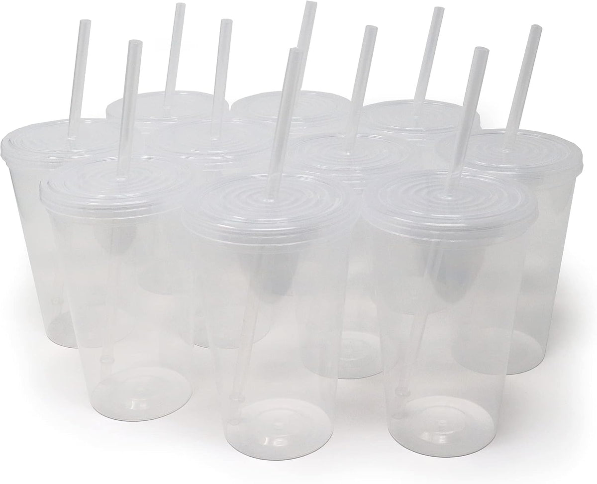 22 oz Reusable Plastic Cups with Lids, 10 Pack, USA Made Yellow Tumblers; Includes 10 Reusable Straws; Dishwasher Safe