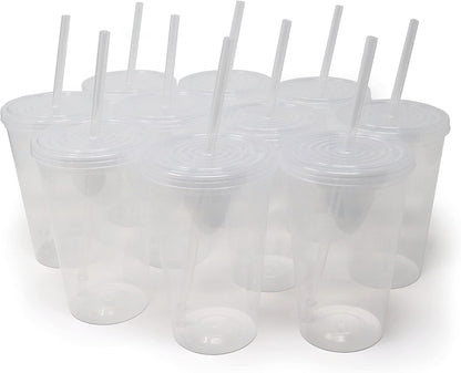 22 oz Reusable Plastic Cups with Lids, 10 Pack, USA Made Yellow Tumblers; Includes 10 Reusable Straws; Dishwasher Safe