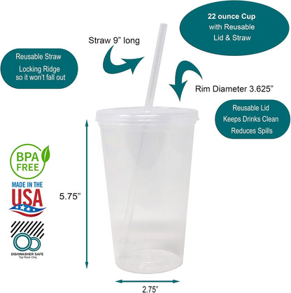 22 oz Reusable Plastic Cups with Lids, 10 Pack, USA Made Yellow Tumblers; Includes 10 Reusable Straws; Dishwasher Safe