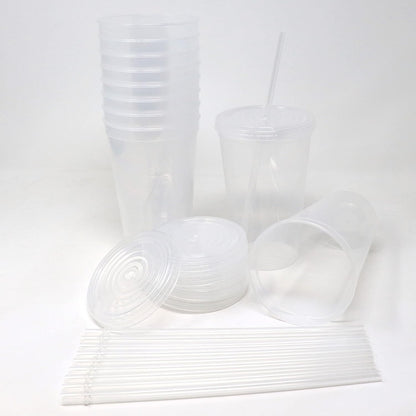 22 oz Reusable Plastic Cups with Lids, 10 Pack, USA Made Yellow Tumblers; Includes 10 Reusable Straws; Dishwasher Safe