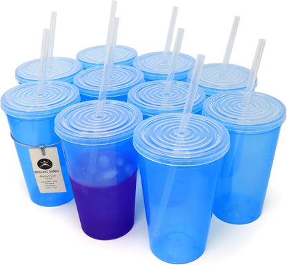 22 oz Reusable Plastic Cups with Lids, 10 Pack, USA Made Yellow Tumblers; Includes 10 Reusable Straws; Dishwasher Safe