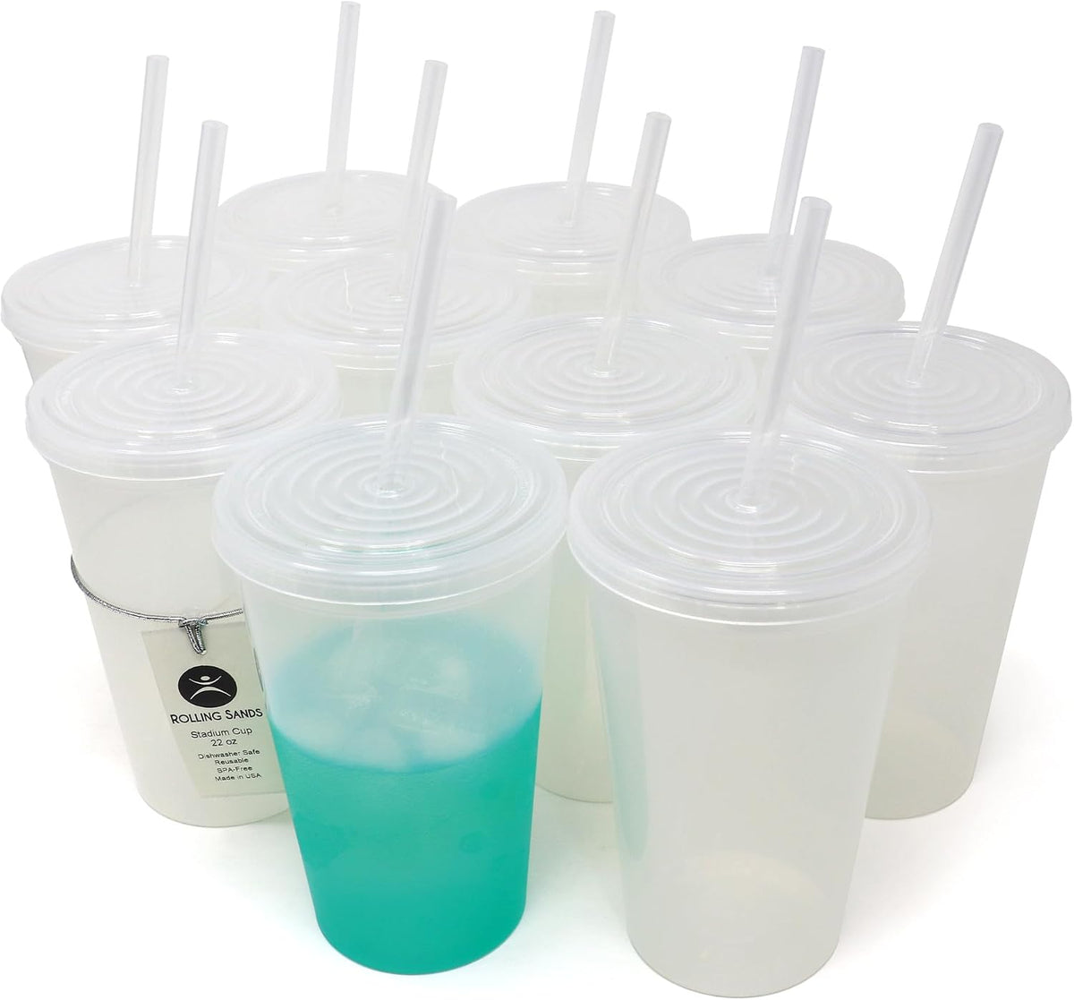 22 oz Reusable Plastic Cups with Lids, 10 Pack, USA Made Yellow Tumblers; Includes 10 Reusable Straws; Dishwasher Safe