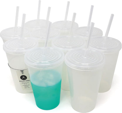 22 oz Reusable Plastic Cups with Lids, 10 Pack, USA Made Yellow Tumblers; Includes 10 Reusable Straws; Dishwasher Safe