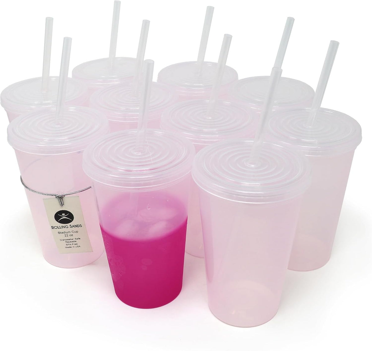 22 oz Reusable Plastic Cups with Lids, 10 Pack, USA Made Yellow Tumblers; Includes 10 Reusable Straws; Dishwasher Safe