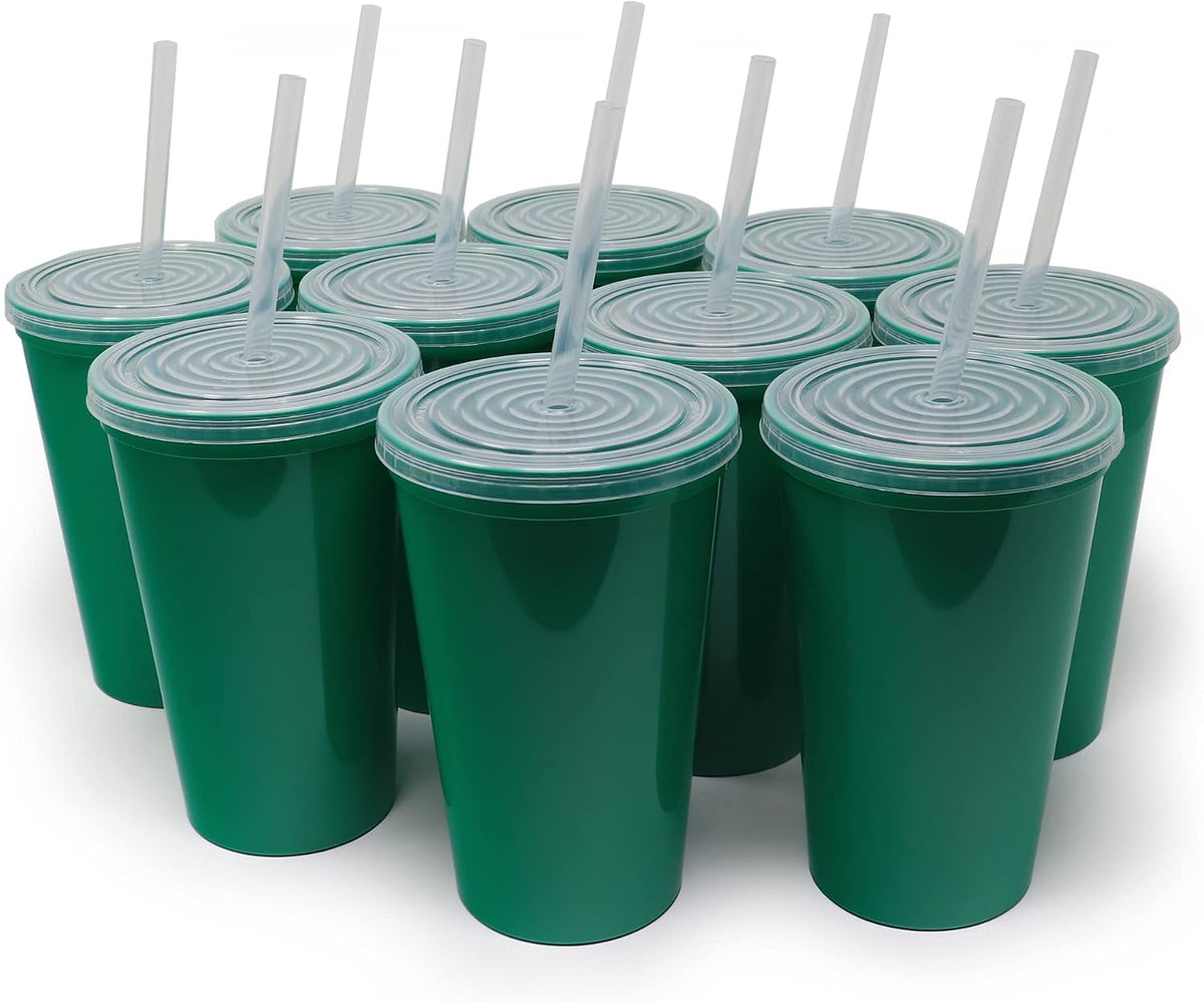 22 oz Reusable Plastic Cups with Lids, 10 Pack, USA Made Yellow Tumblers; Includes 10 Reusable Straws; Dishwasher Safe