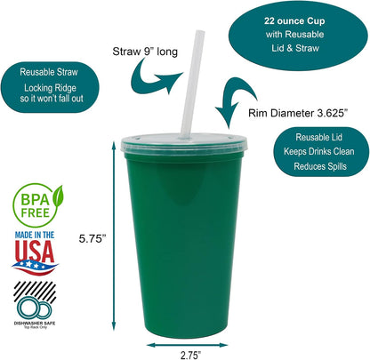 22 oz Reusable Plastic Cups with Lids, 10 Pack, USA Made Yellow Tumblers; Includes 10 Reusable Straws; Dishwasher Safe