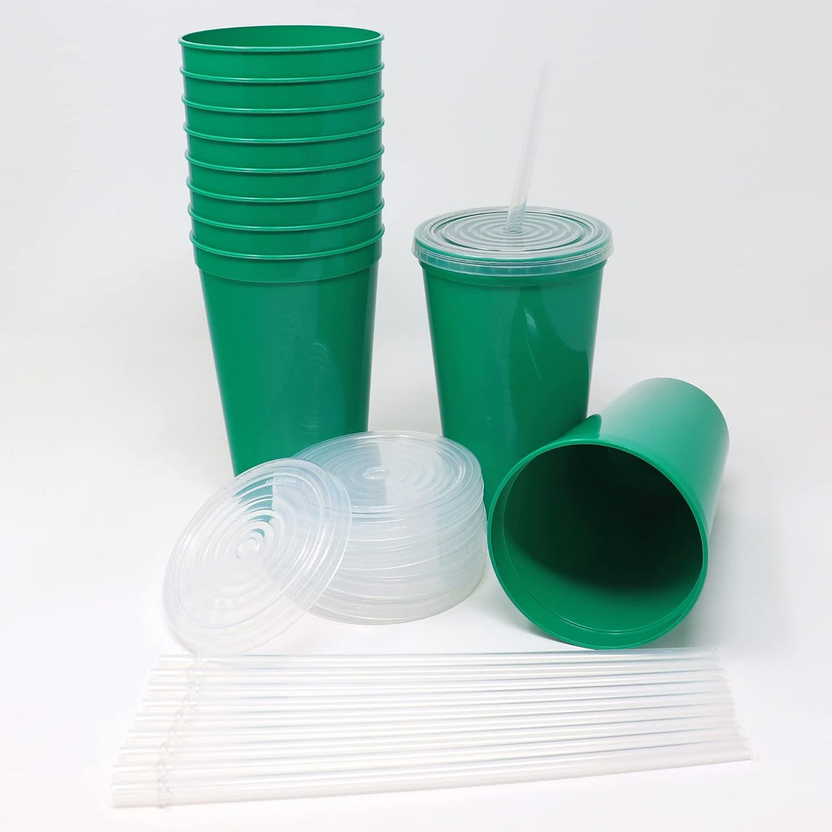 22 oz Reusable Plastic Cups with Lids, 10 Pack, USA Made Yellow Tumblers; Includes 10 Reusable Straws; Dishwasher Safe