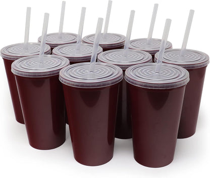 22 oz Reusable Plastic Cups with Lids, 10 Pack, USA Made Yellow Tumblers; Includes 10 Reusable Straws; Dishwasher Safe