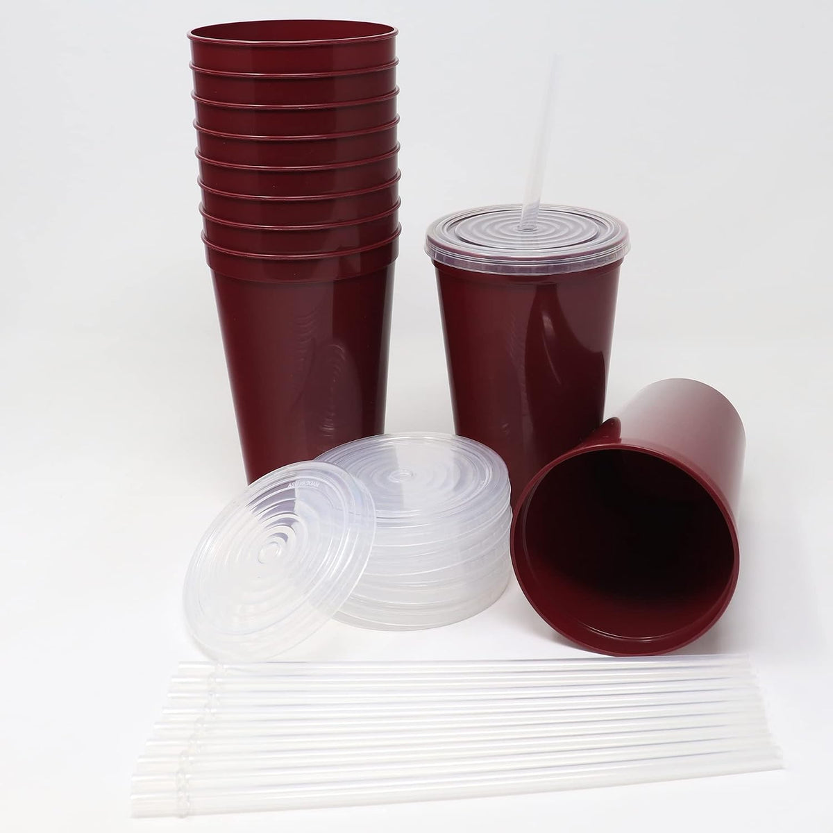 22 oz Reusable Plastic Cups with Lids, 10 Pack, USA Made Yellow Tumblers; Includes 10 Reusable Straws; Dishwasher Safe